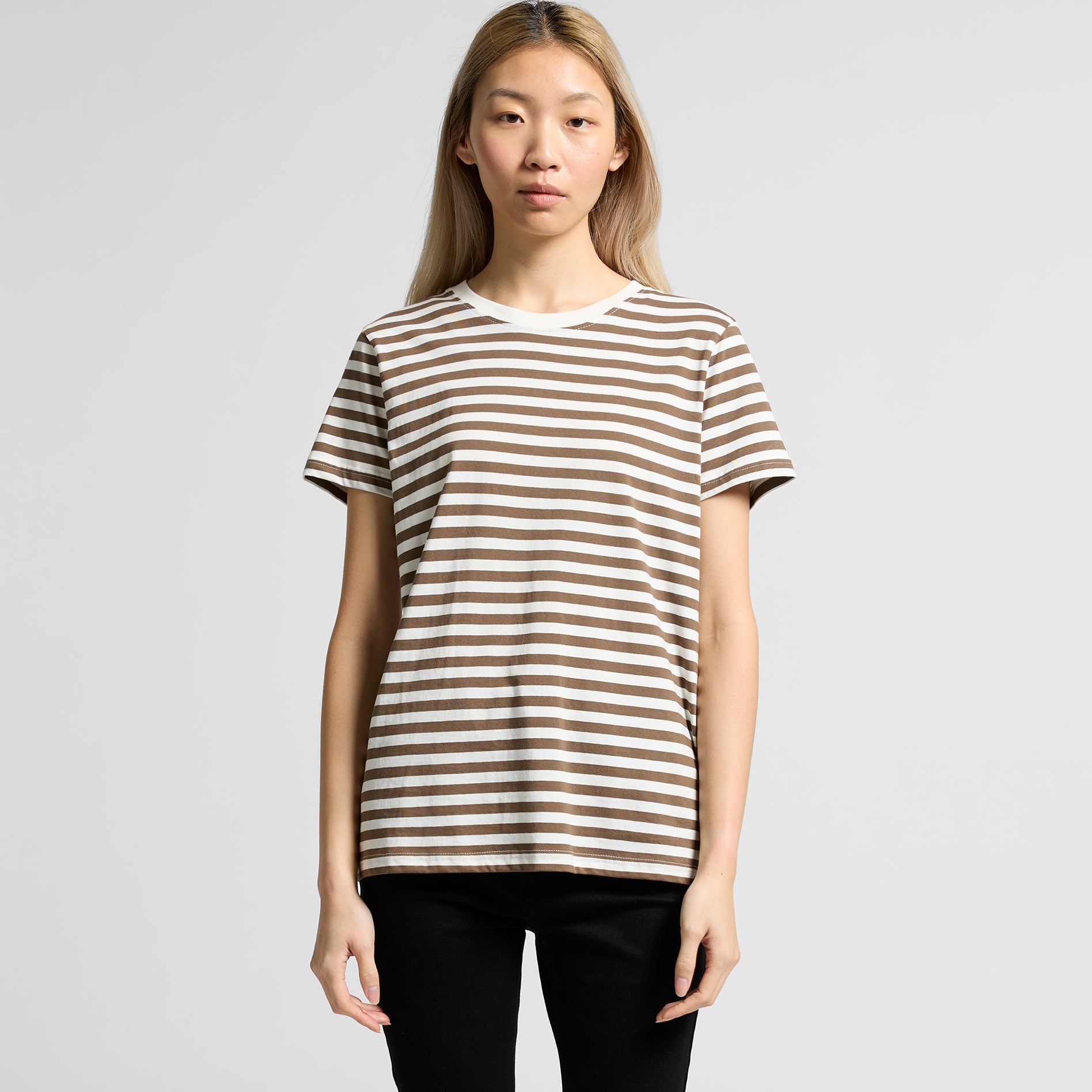 Women's Maple Stripe Tee Shirt | Arena Custom Blanks - Arena Prints - Modeled Shot - Cover