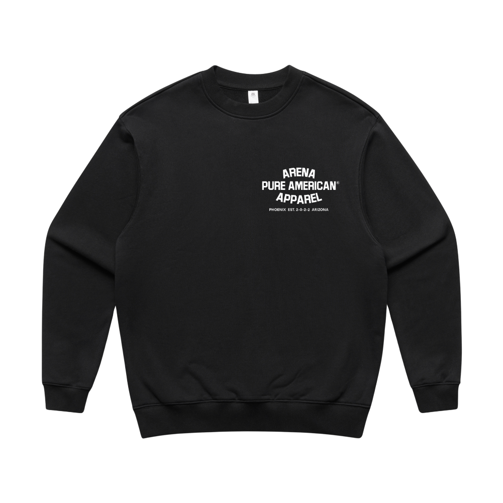 Black sweatshirt with a white logo on a white background