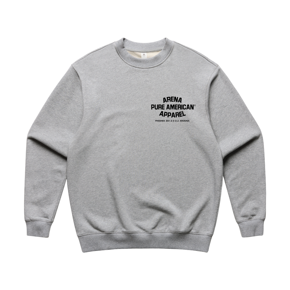 A light gray crewneck sweatshirt with black text on the chest reading 'ARENA PURE AMERICAN APPAREL' and 'WATERFOWL 2024 U.S.