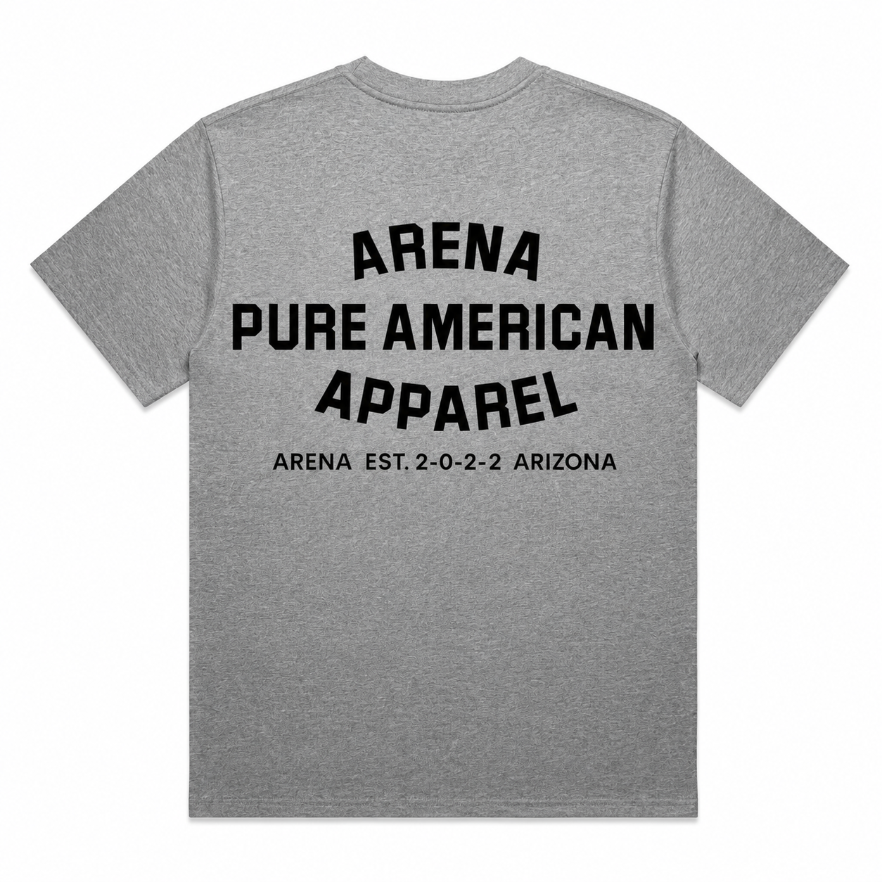A heather gray short-sleeve t-shirt with bold black text on the back reading 'ARENA PURE AMERICAN APPAREL' and 'ARENA EST. 2-0-2-2 ARIZONA'.